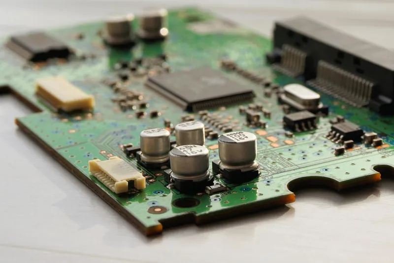Close-up of a green circuit board with capacitors and microchips